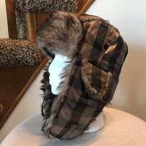💋💋Brown/Black Plaid Faux Fur Trapper Hat NWT